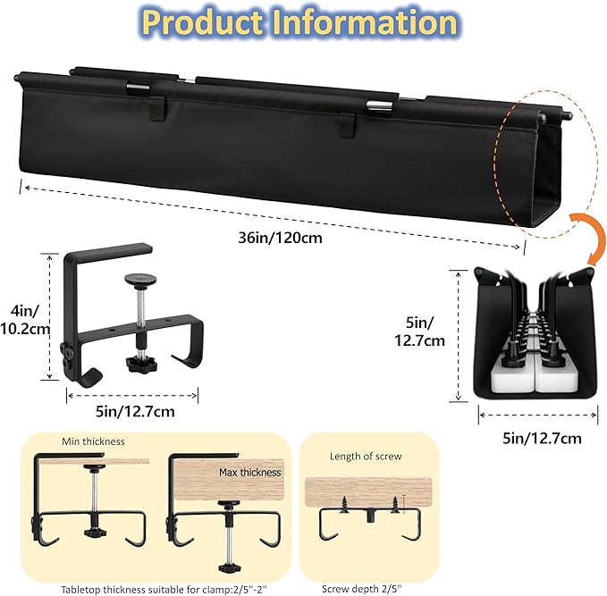 36" Under Desk Cable Management Tray - No Drill Oxford Cloth Cord Organizer with Clamp & Screw Mount - Large Capacity Fabric Cable Holder for Home Office, Gaming Desk & Standing Desk (Black)
