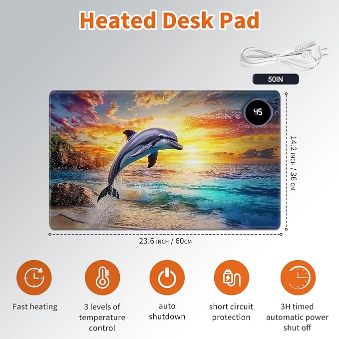 Heated Mouse Pad,Warm Desk Pad with 3 Levels Heating & 3 Hours Auto Shut-Off, PU Leather Heated Desk Pad Warmer Pad for Home Office - 23.6 x 14.2 inch,Jumping Dolphins