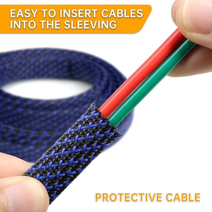 Braided Cable Sleeve, 33ft Expandable Wire Loom for Automotive Wiring Harness & PC Case, Pet-Proof Chew Resistant Cord Protector, Flexible Cable Management (Blue-Black, 6mm (1/4"))