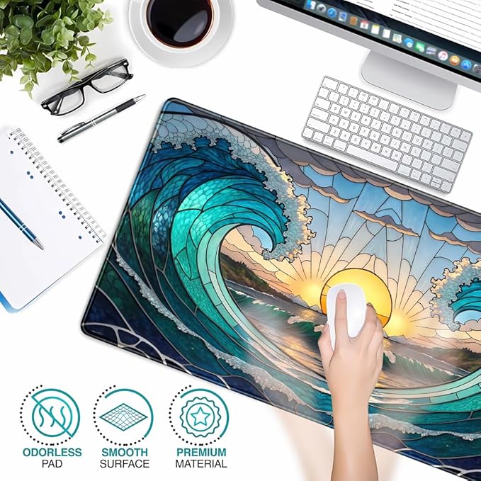 YKJWW Beach Sunset Desk Pad Cute Large Mouse Keyboard Desk Mat, Aesthetic Cute Gaming Desk Keyboard Mats for Desk Mat, Faux Stained Glass Sunset Mousepad Southwest Landscape Desk Pad 31.5x15.7 in