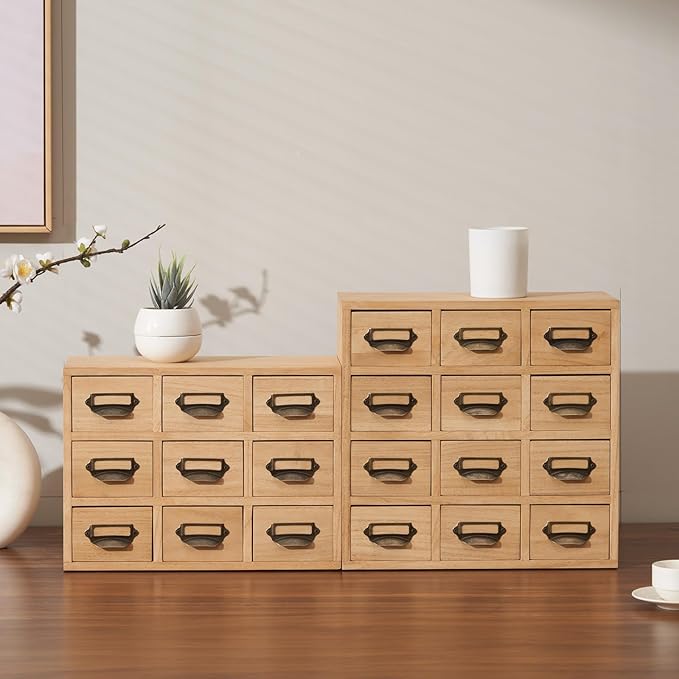 KIRIGEN Wooden Desk Storage Cabinet with 9 Mini Drawers, Wood Desktop Organizer with Metal Label Handles for Office Supplies, Crafts, Tea Bags, Makeup, Natural 9CG-NA