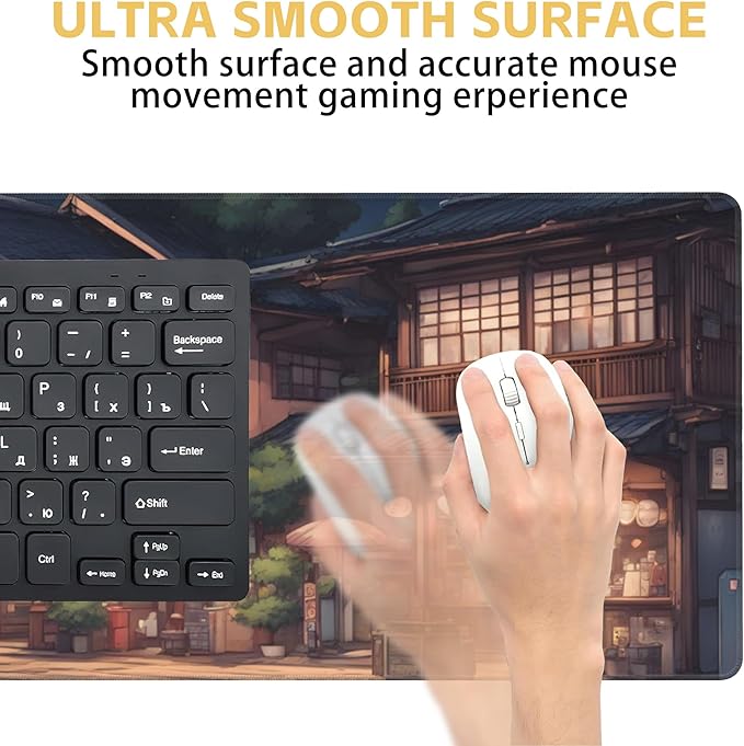 Anime Architecture Large Extended Gaming Mouse Pad Japanese Town XXL Mousepad Desk Pad for Keyboard and Mouse, Non-Slip Rubber Base Mousepad with Stitched Edges for Office Desk Decor, 31.5 x 15.8 in