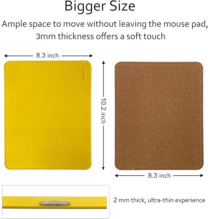 MelVan PU Leather Mouse Pad with Stitched Edge, Wood Mousepad, Waterproof Gaming Mouse Pad Mat for Computers, Laptop, Office & Home, 10.2" x 8.3", 1 Pack (Yellow)