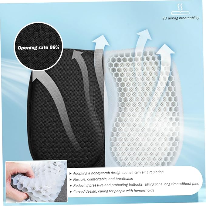 Gel Seat Cushion Pressure Relief Honeycomb Cooling Cushion, Breathable 3D Non-Slip Chair Pad for Office, Car, Wheelchair, Black