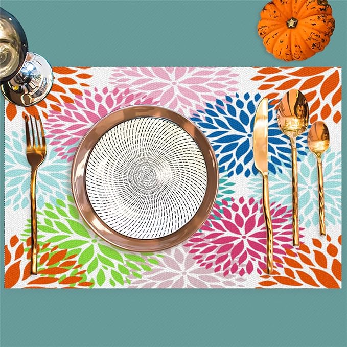 Placemats Set of 4 Heat-Resistant Rectangle Place Mats Abstract Art Flowers Washable Plastic PVC Dining Table Mat Non-Slip Wipeable Woven Vinyl Placemat for Kitchen Patio Table Decor