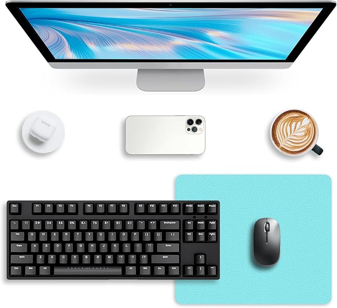 Leather Desk pad Protector, Office Mat, Large Mouse Mat, Non-Slip PU Leather Blotter, Laptop Desk Pad,Waterproof Laptop Computer Desk Keyboard Mat for Office/Work/Home/Decor (Light Blue, 11in*8in)