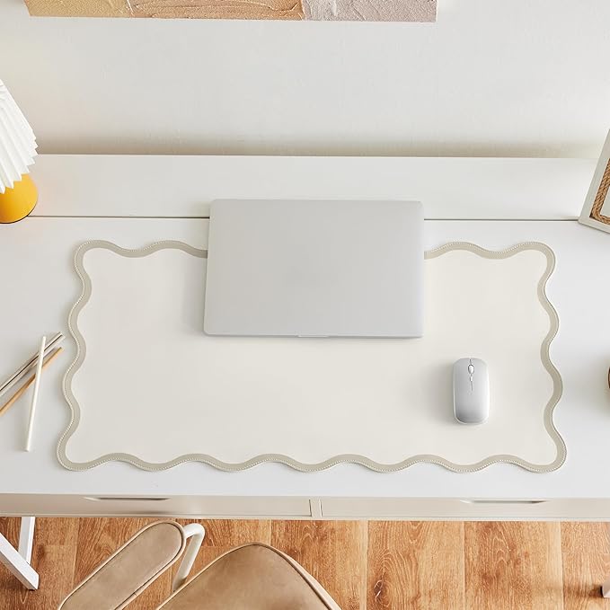 Scalloped Desk Mat, 31.5" x 15.7", PU Leather, Waterproof Anti-Slip, Cute Aesthetic Desk Pad for Office/Home/Game/Vanity (Beige, Large)
