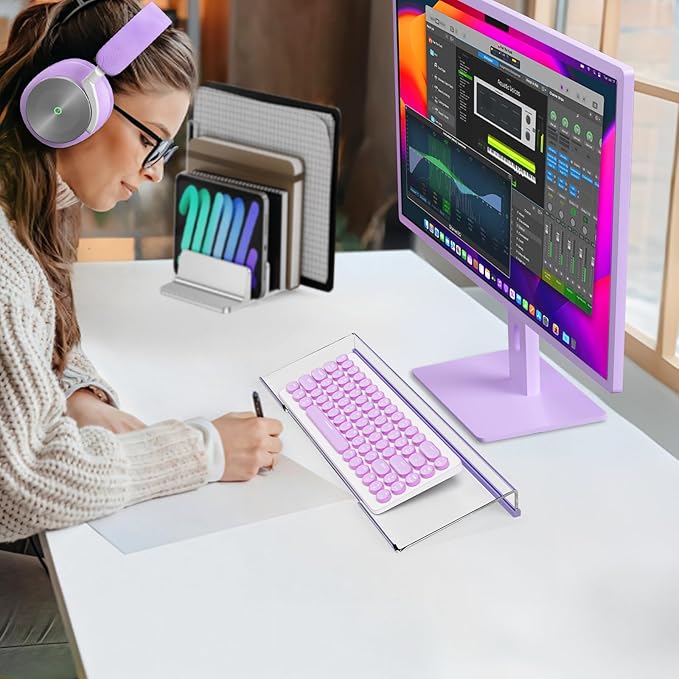 Ergonomic Computer Keyboard Stand - 17 Inch Clear Acrylic Keyboard Riser for Desk Tilted Keyboard Holder Tray with Purple Non-Slip Strip for Home Office Easy Typing & Working