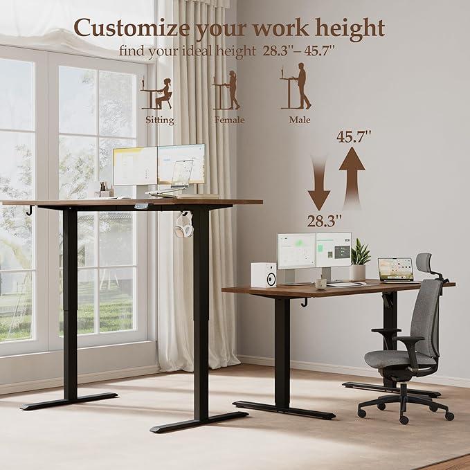 Klicelor 63 x 28 Electric Standing Desk, Sit Stand Up Home Office Desk, Height Adjustable Deep Cumputer Table with Memory Presets and Hooks, Two Pieces, Rustic Brown