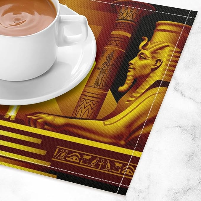 Ancient Egyptian Placemats Golden Egyptian Architecture Pyramid Old History Mural Linen Washable Table Mats Stain Heat-Resistant Desktop Decor Place Mats for Home Kitchen Dining Party 12x18 in 6 Pcs