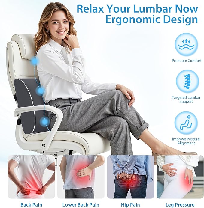 SweetSlubr Large Lumbar Support Pillow for Office Chair, Car Seats and Home Desks, Ergonomic Back Support with Double Adjustable Straps, Machine Washable Cover, Grey