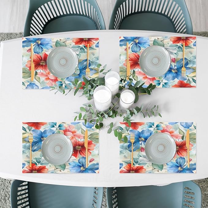 Placemats Set of 4 Heat-Resistant Rectangle Place Mats Floral Flower Colorful Washable Plastic PVC Dining Table Mat Non-Slip Wipeable Woven Vinyl Placemat for Kitchen Patio Table Decor