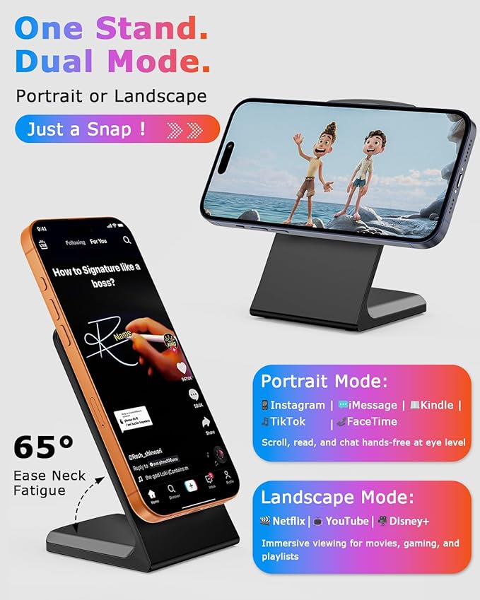 Magnetic Phone Charger Stand, Hands-Free Phone Holder, for iPhone 17-12 Samsung S26/S25 Google Pixel 10, Ideal for Office Desktop Nightstand, Qi-Certified, No Adapter (2 Pack, Onxy Black)