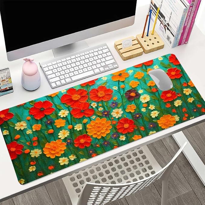 Oil Painting Flowers Desk Mat for Women, Large PU Leather Desk Pad with Non-Slip Base, Aesthetic Office Keyboard Cover for Gaming & Home Work, Artistic Desk Decor (23.6x11.8 Inch)