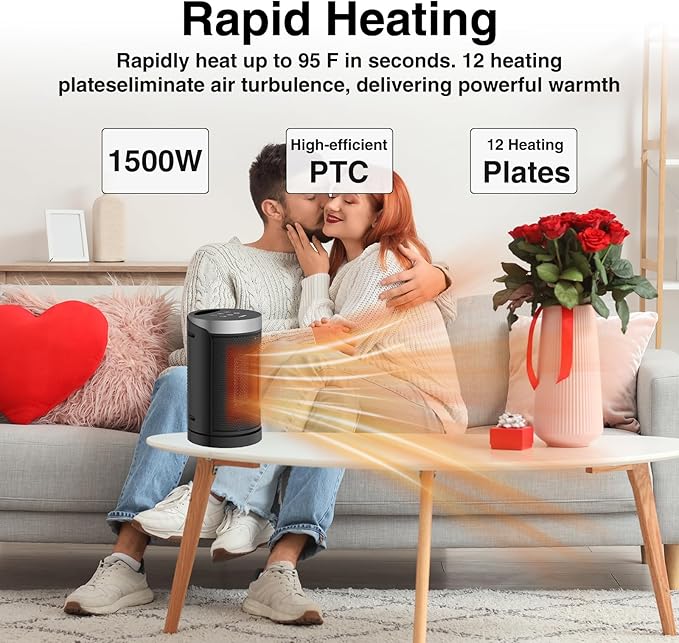 Space Heater, WINHL Small Portable Electric Heaters for Indoor Use with Thermostat and Remote, 70°Oscillation, 12H Timer, 5 Modes, 1500W PTC Ceramic Fast Safety Heat for Office Bedroom Home