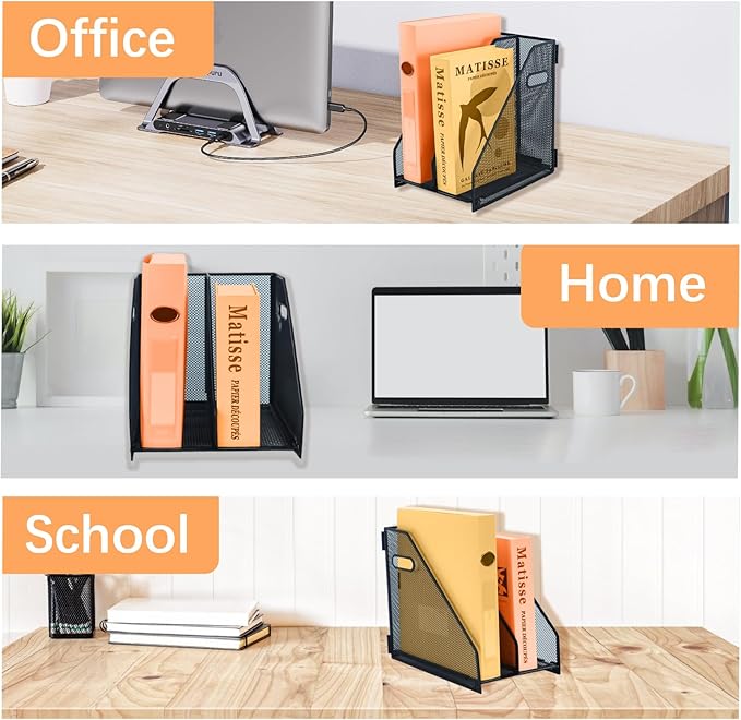 2 compartments metal file racks metal Mesh Desktop Organizer for Desk, Storage Binder Organizer for Office Desktop, Home Workspace and School