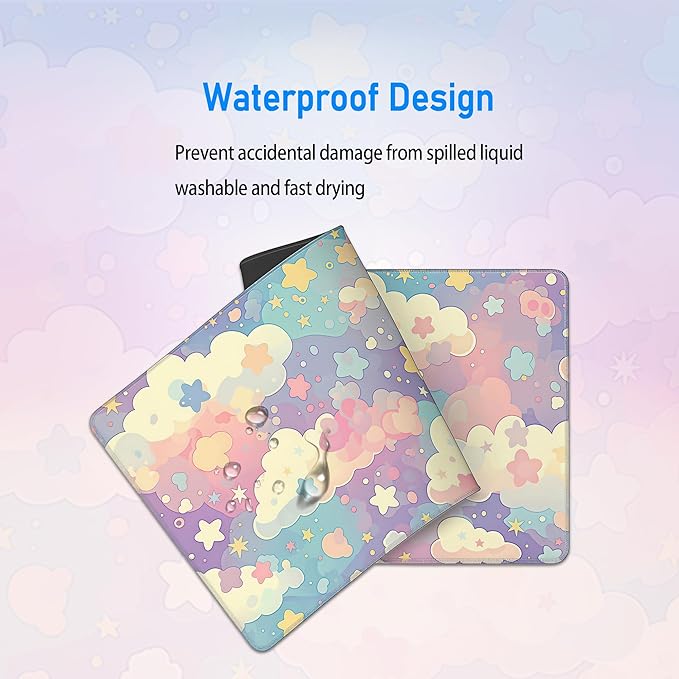 Cute Large Mousepad,Colorful Clouds and Stars Aesthetic Mouse Mat,Extended Pastel Pink Kawaii Women Office Desk Decor Mat,Girly Dreamy Mouse Pad for Work Game Office and Home,31.5 x 12in