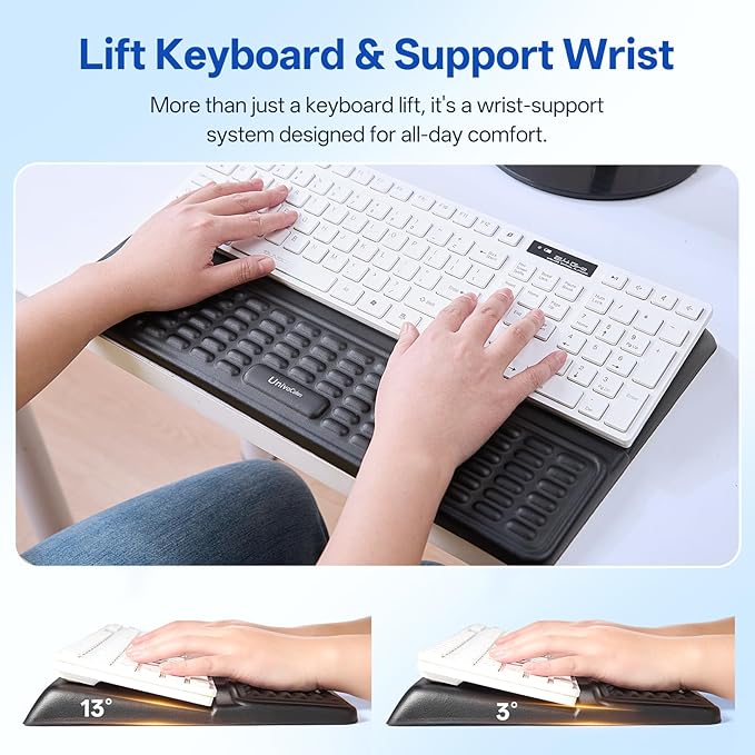 UnivoColors Keyboard Stand with Wrist Rest, high-Grade PU Leather, Soft Memory Foam Desk Cushion, Anti-Slip Silicone Base, Palm Hand Typing for Office Home School,Black,KP