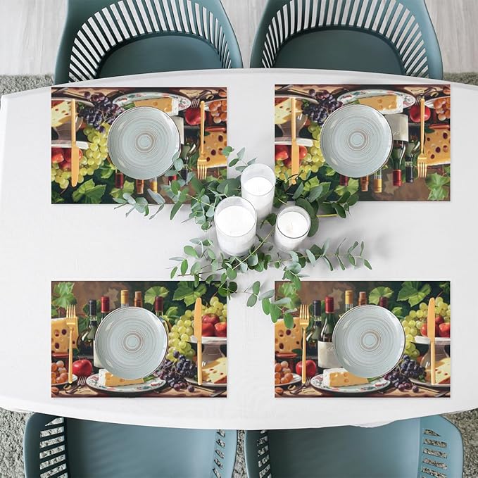 Placemats Set of 4 Heat-Resistant Rectangle Place Mats Grape Red Wine Washable Plastic PVC Dining Table Mat Non-Slip Wipeable Woven Vinyl Placemat for Kitchen Patio Table Decor