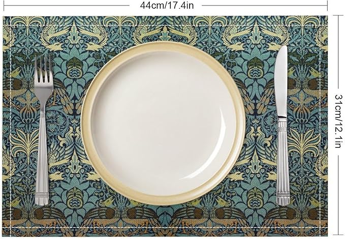 William Morris Bird Placemats Retro Bird Elegant Animal Pattern Linen Washable Table Mats Stain Heat-Resistant Desktop Decor Place Mats for Home Kitchen Dining Party 12x18 in 6 PCS