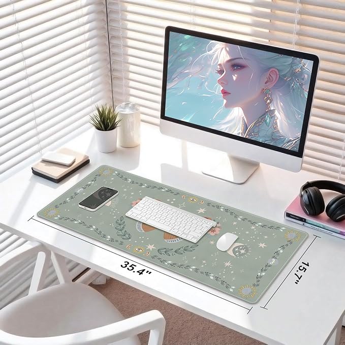 DINKY Leather Desk Pad, Green Butterfly Laptop Computer Desk Keyboard Mat, Table Protector Blotter Mat, Non-Slip Large Mouse Pad for Office/Work/Home 35.4" x 15.7"