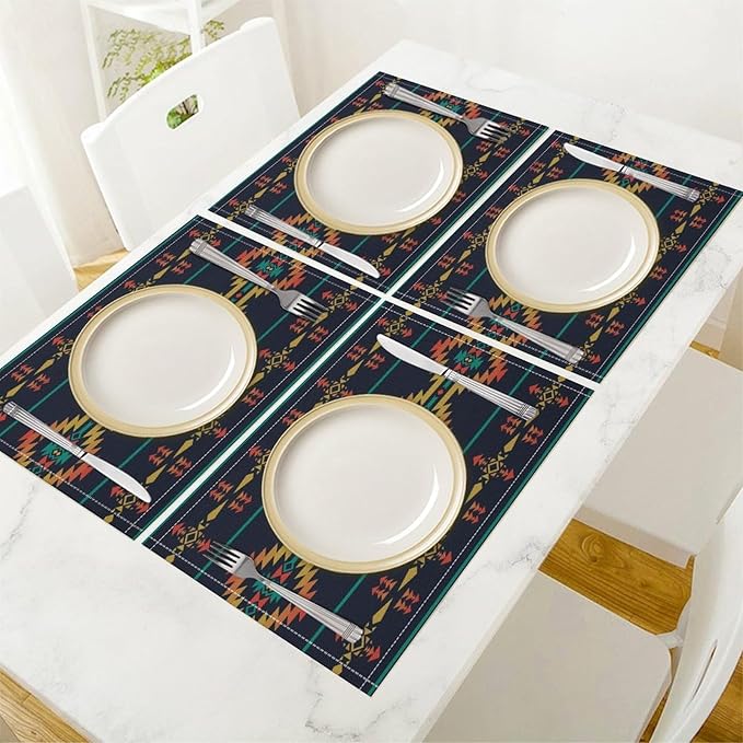 Vintage Aztec Southwest Placemats Ethnic Style Design Boho Geometric Pattern Linen Washable Table Mats Stain Heat-Resistant Desktop Decor Place Mats for Home Kitchen Dining Party 12x18 in 6 Pcs