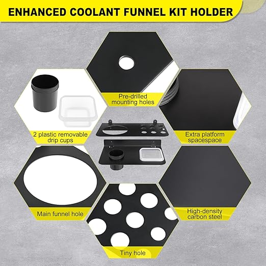 Coolant Funnel Kit Holder Storage Rack Includes 2 Plastic Removable Drip Cups, Wall Mount Fluid Drain Funnel Kit Organizer Bracket for Enclosed Race Trailers, Automotive Garage Shop, Black