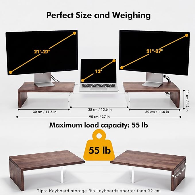 Dual Monitor Riser, Acrylic Monitor Riser, Adjustable Angle & Length Computer Monitor Stand, Wide Desk Shelf for Top of Desk for Home Office_Walnut Look Small