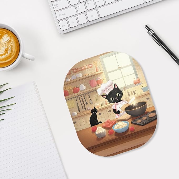 Small Mouse Pad, 6 x 7 Inch, Oval Mini Mouse Pad with Non-Slip Rubber Base for Laptop Wireless Mouse Keyboard Tray Mousepad, Cooking Cat