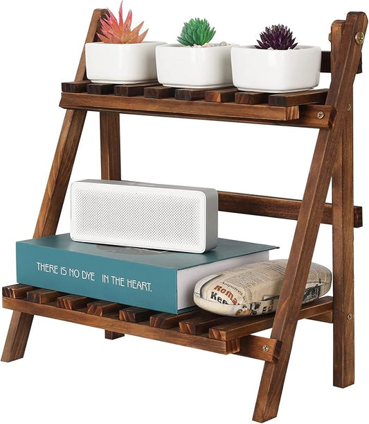 Jotsport 2 Tier Tabletop Plant Stand Step Style Desktop Storage Organizer Wood Display Shelf Decorative Storage Rack, Foldable Small Plant Shelf