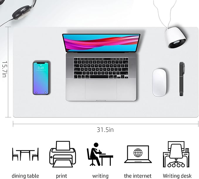 Aothia Double-Sided PU Leather Desk Pad - Non-Slip Large Mouse Pad & Desk Mat for Office, Home - Waterproof, Easy to Clean, Durable Dual-Sided Surface (31.5" x 15.7", White)