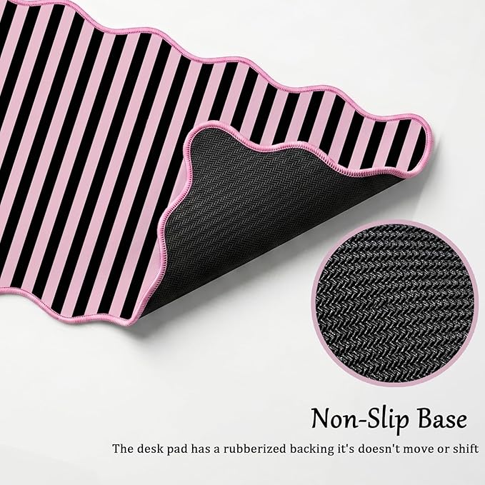 Scalloped Desk Mat Extended Large Cute Striped Mouse Pad Big Desk Pad XXL Aesthetic Stripe Mousepad Gaming Mouse Pad for Keyboard Computer Laptop Home Office Accessories 35.4X15.7Inches Black Pink