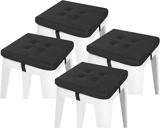 baibu 12 Inches Memory Foam Square Stool Cushions with Ties Set of 4, Dual-Layer Design Breathable Square Chair Pads Seat Cushions with Non-Slip Bottom- Only 4 Pads (12" (4PC), Black)