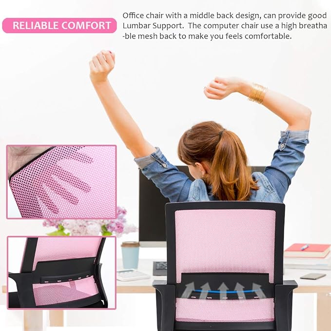 BestOffice Desk Chair Mesh Office Chair Ergonomic Computer Chair Executive Lumbar Support Adjustable Stool Rolling Swivel Chair,Pink