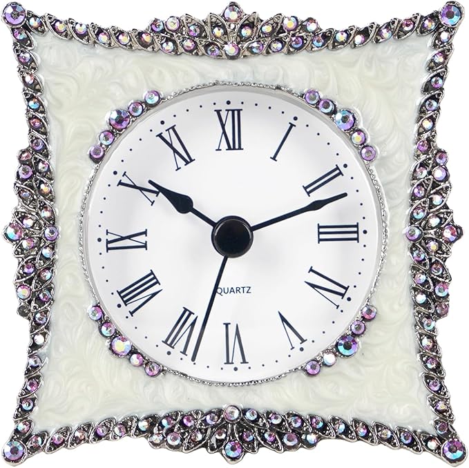NIKKY HOME Crystal Elegant Small Quartz Analog Table Clock with Rosy Rhinestone Non-Alarm Desk Clock 3.5 by 1.5 by 3.5 Inches, White and Pink
