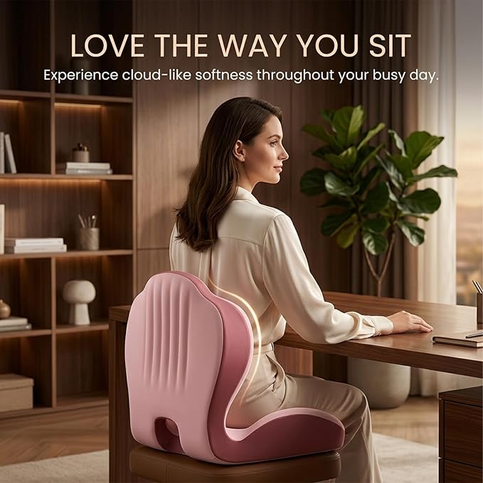 SakerPlus Seat Cushion Chair Cushions Ergonomic Memory Foam Seat Cushion, L-Shaped Office Chair Cushion & Car Seat Cushion for Long Sitting, Lower Back Support Pillow for Office, Home, Driving (Pink)