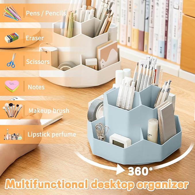 Cayxenful Pencil Pen Holder for Desk,9 Slots 360 Degree Rotating Desk Organizers,Desktop Storage Stationery Supplies Organizer, Cute Pencil Cup Pot For Office, School, Home(Blue)