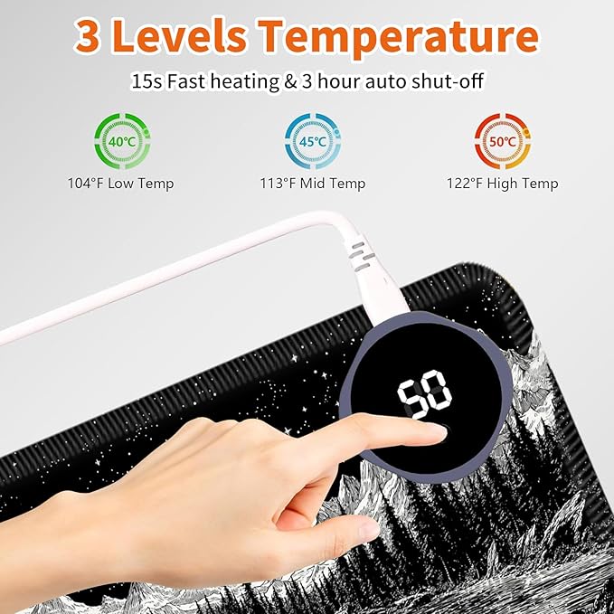 Heated Mouse Pad,Warm Desk Pad with 3 Levels Heating & 3 Hours Auto Shut-Off, PU Leather Heated Desk Pad Warmer Pad for Home Office - 23.6 x 14.2 inch,Moon Mountain Starry Night