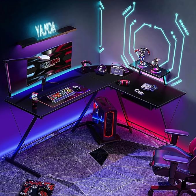 Office Gaming Corner Desk with Keyboard Tray and CPU Stand,Glass L Shaped Computer Home Desk,3-Piece PC Laptop Study Writing Workstation Table by XXFBag - Black