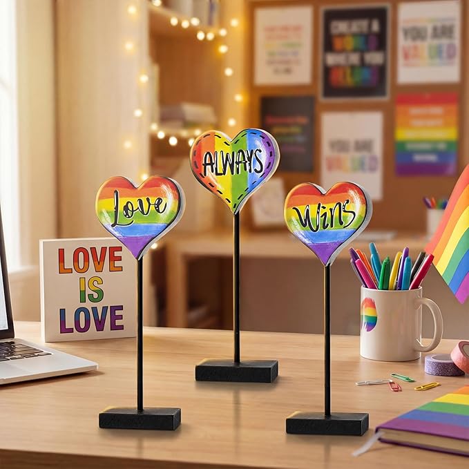 Smile LGBTQ+ Pride Wooden Tabletop Sign Love Always Wins Rainbow Heart Desktop Plaque with Stands Indoor Decor for Pride Month, Home & Office Gay Pride Gift
