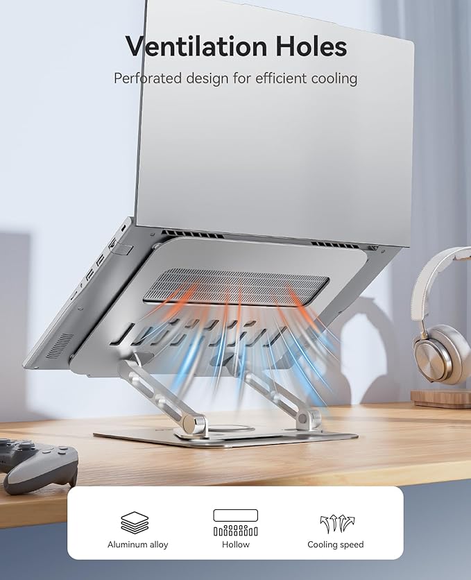 ORICO Adjustable Laptop Stand for Desk, 360° Rotating Base, Foldable Aluminum Alloy Computer Stand with Ventilated Design, Compatible with MacBook Neo/Air/Pro, Dell, XPS, HP up to 17'' - ST12, Silver