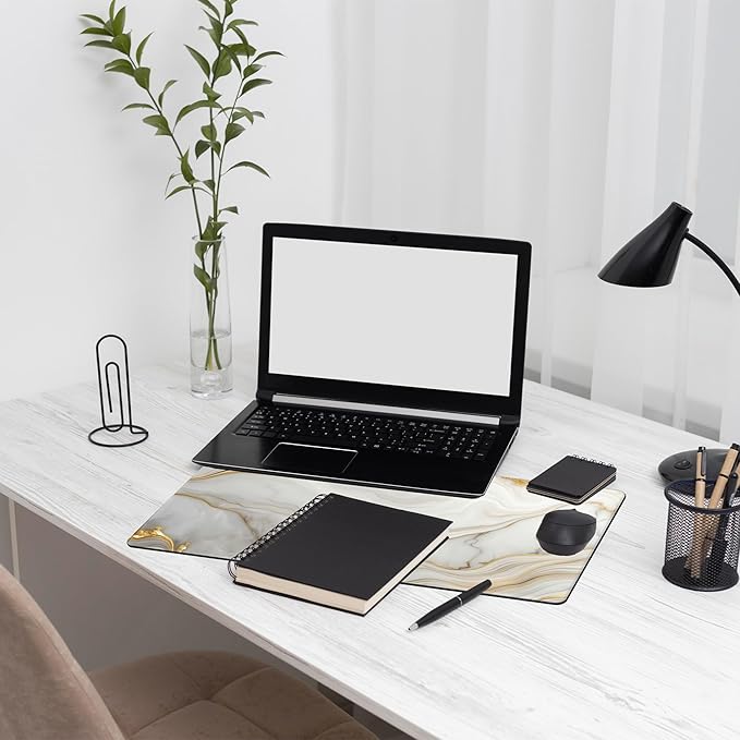 Large Mouse Pad White Gold Marble Texture Gaming Mousepad Desk Pad Mat for Keyboard and Mouse, Large Non-Slip Rubber Base Mousepad Desk Mat with Stitched Edges for Gaming Office, 31.5 x 15.8 in