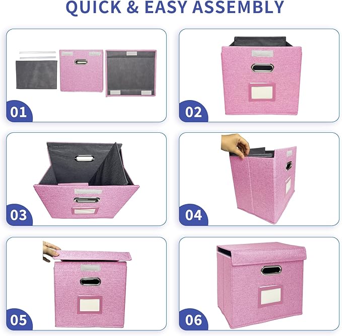2 Pack Hanging File Folder Box with Lid, Durable Letter Size Filing Storage Box, Sturdy File Holder with Cardboard Support PVC Rails for Office Home Organizer, Pink