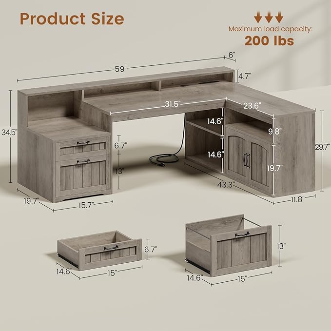 SEDETA Farmhouse L Shaped Desk with Drawers, 59" Office Desk with File Drawers, Wood Corner Computer Desk with Storage, Home Office Desks with Storage Cabinet and Monitor Stand, Grey