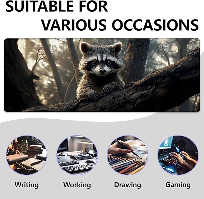 Forest Raccoon Large Mouse Pad, Gaming Mouse Pad, Non-Slip Rubber Base, Office Accessories, Desk Mat, Animal MousePads for School, Work, Home Decor Gifts 31.5" x 11.8"