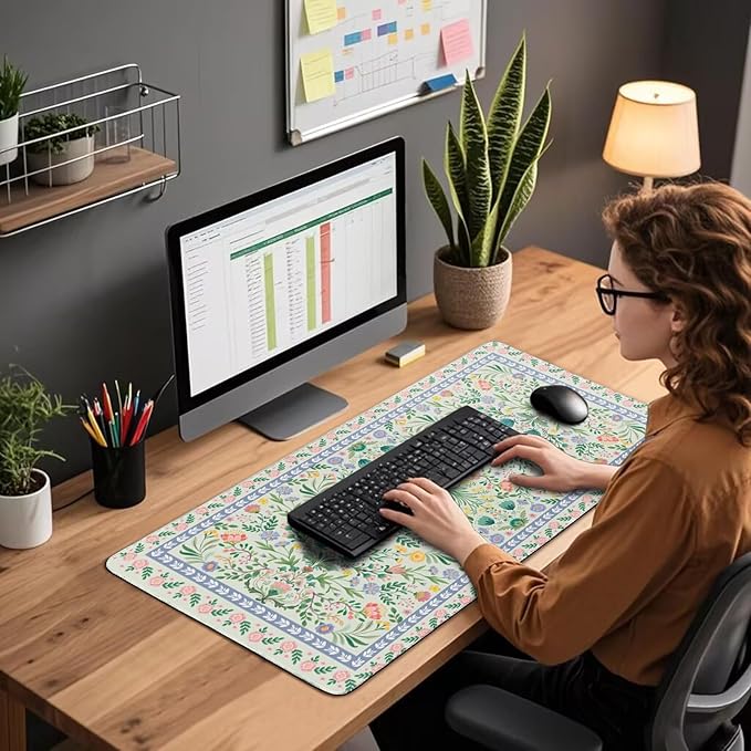 Green Floral Desk Mat, 31.5"x15.7" Large Mouse Pad, Anti-Slip Rubber Base Keyboard Pad with Stitched Edges, Water-Resistant Smooth Desk Blotter, Computer Mat for Home Office Desk