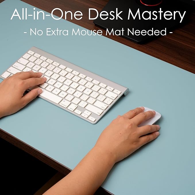 WAYBER Leather Desk Pad Protector, Waterproof Mouse Pad, PU Desk Mat, Office Desk Cover, Desk Writing Mat for Office/Home/Work/Cubicle (Light Blue/Silver) 23.7x13.8 in