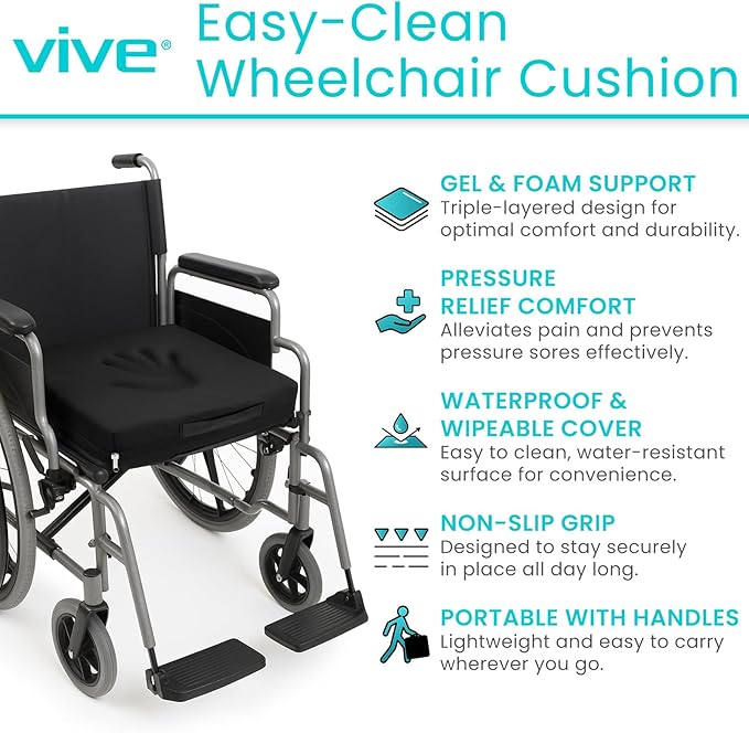 Vive Waterproof Wheelchair Cushion for Pressure Relief (18x16x3) - Washable Cover Incontinence Protection for Elderly Adults & Seniors - Memory Foam Gel Pad for Recliners, Office Chairs, Car