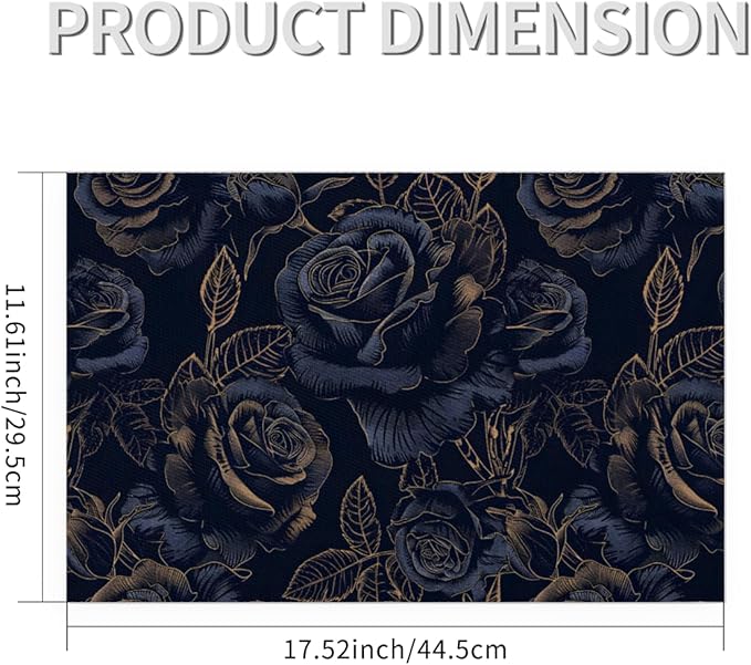 Placemats Set of 4 Heat-Resistant Rectangle Place Mats Black Flower Rose Washable Plastic PVC Dining Table Mat Non-Slip Wipeable Woven Vinyl Placemat for Kitchen Patio Table Decor