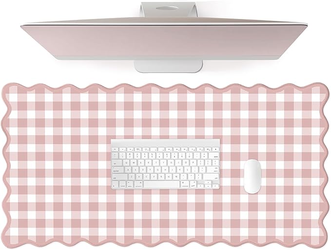 Scalloped‌ Pink Checkered Gingham Desk Mat Cute Pastel Large Mouse Pad Kawaii Cottagecore ‌Vintage‌ Girly Laptop Keyboard Computer Mat Pad Aesthetic Cozy Office Desk Decor for Women